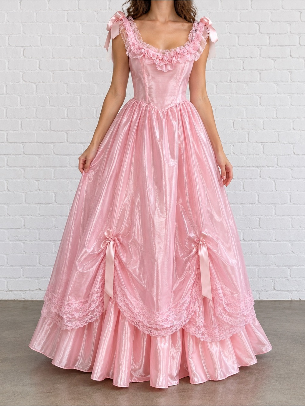 Vintage 80s Pink Lace Ruffle Formal Maxi Dress Prom Prairie Coquette USA